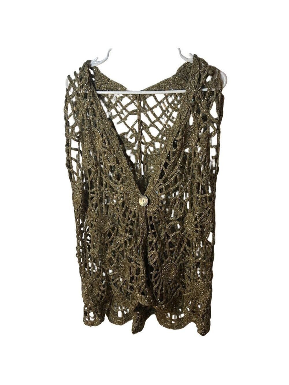 Boho Gold Metallic Crochet Vest Fairycore Sleeveless Lace Open Knit Festival Top - Picture 2 of 6